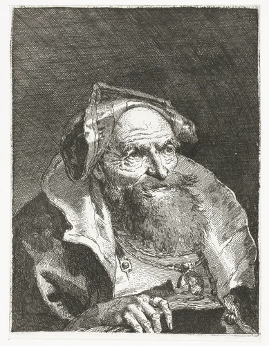 Oude man met ketting en boek by Giovanni Domenico Tiepolo, print, 1756-1757