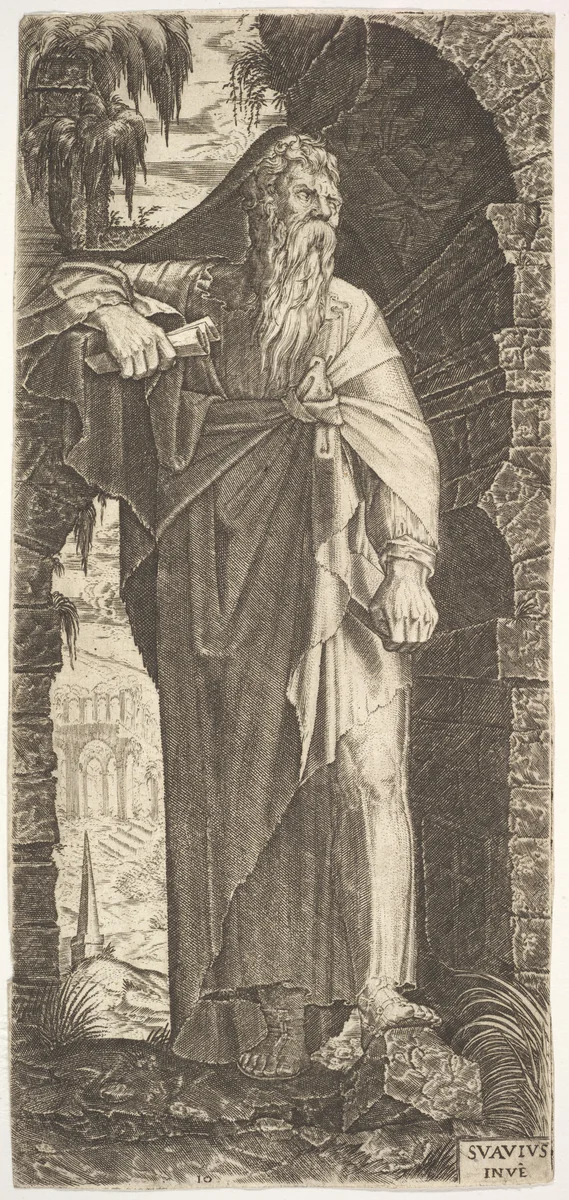 St. Paul standing under an overgrown arch, from "Christ and the Twelve Apostles" by Lambert Suavius, print, 1545