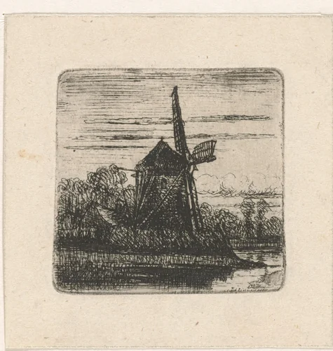 Molen aan een rivier by Jan van Lokhorst, print, 1847-1874