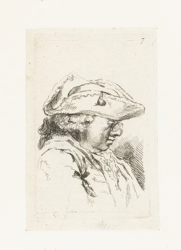 Hoofd van een man met bril en tricorne by François Boucher, print, 1727-1755