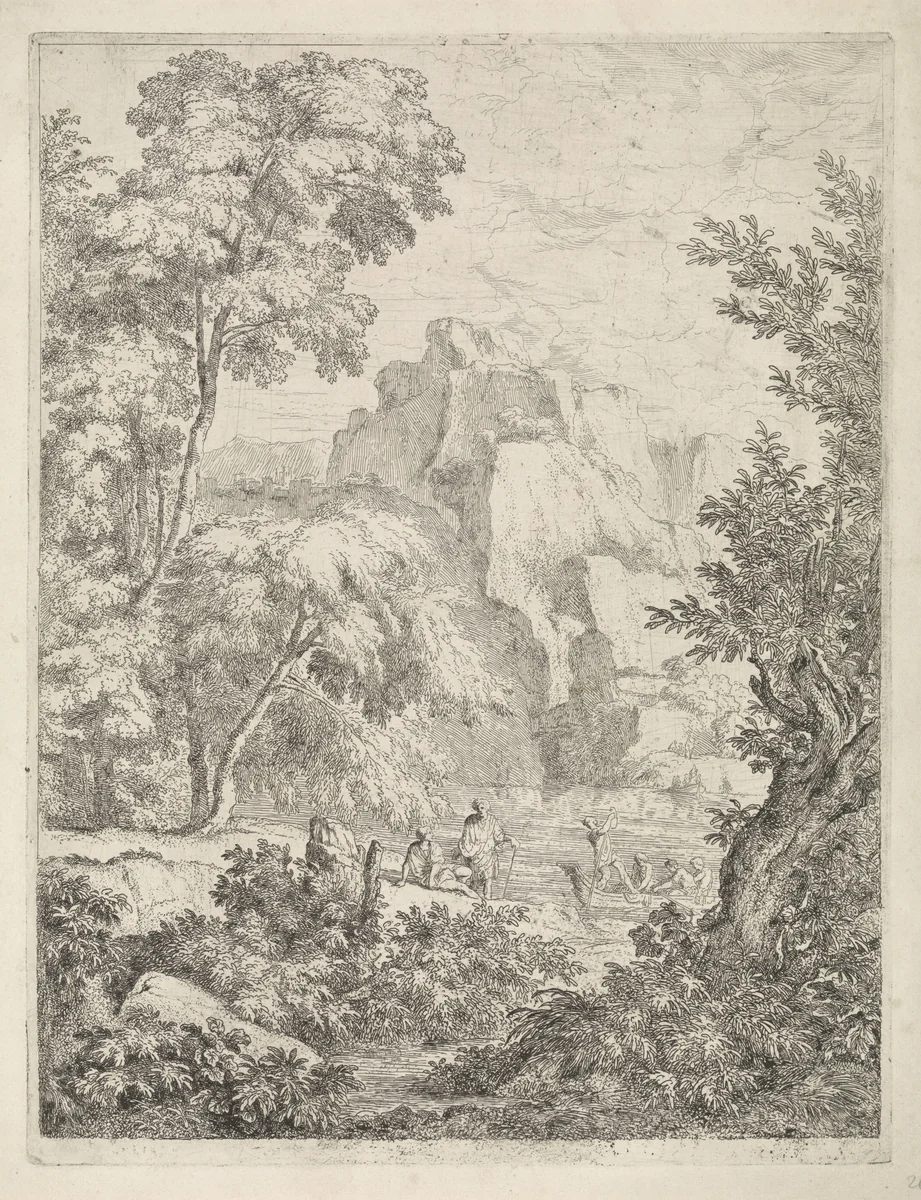 Bergachtig landschap met meer en veerboot by Abraham Genoels, print, 1650-1723
