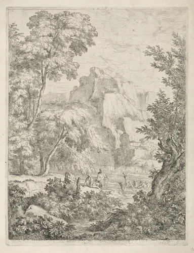 Bergachtig landschap met meer en veerboot by Abraham Genoels, print, 1650-1723