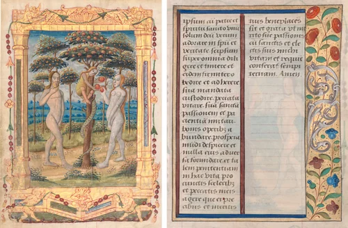 Leaf from a Book of Hours: Adam and Eve and the Fall of Man (Prefatory Miniature to the Office of the Virgin) (recto) and Text with Illustrated Border (verso) (1 of 3 Excised Leaves) by Unknown, manuscript, 1505-1515