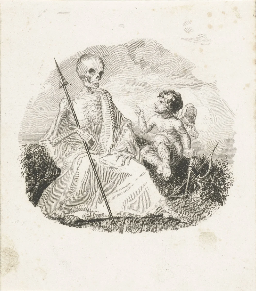 Amor en de Dood, als geraamte met speer by Henricus Wilhelmus Couwenberg, print, 1830-1845