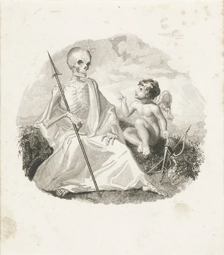 Amor en de Dood, als geraamte met speer by Henricus Wilhelmus Couwenberg, print, 1830-1845