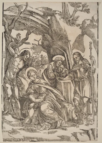 The Holy Family with Saint Sebastian and Saint Roch by Francesco Denanto, print, 1452-1592