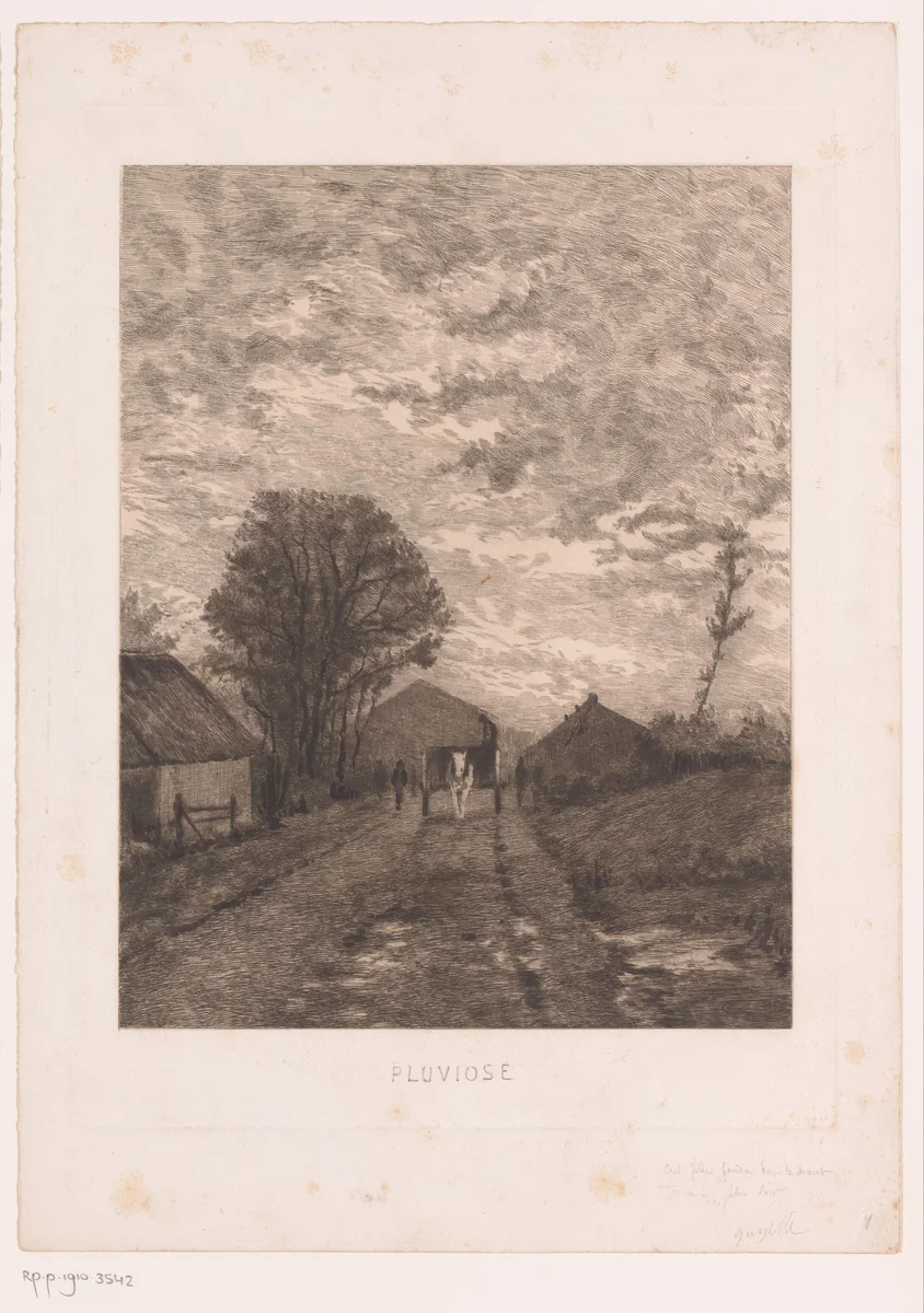 Landweg met een paardenkar langs boerderijen by Jules Guiette, print, 1862-1901