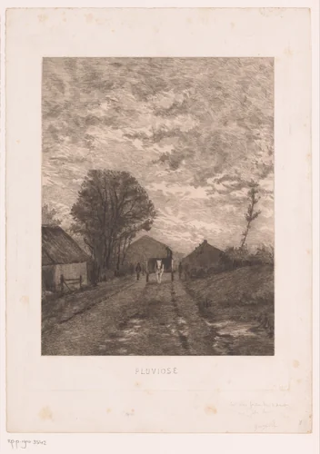 Landweg met een paardenkar langs boerderijen by Jules Guiette, print, 1862-1901