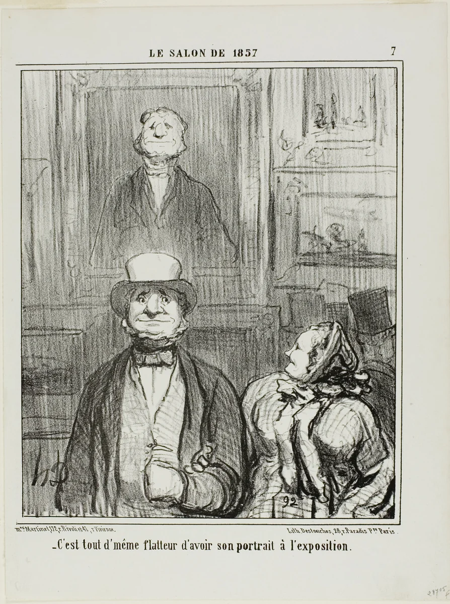 “- It's really quite flattering to have one's portrait exhibited at the Salon,” plate 7 from Le Salon de 1857 by Honoré-Victorin Daumier, print, 1857