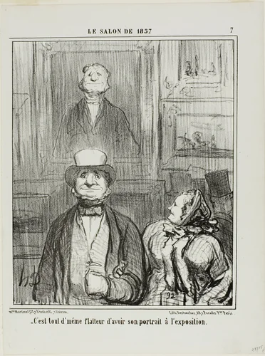 “- It's really quite flattering to have one's portrait exhibited at the Salon,” plate 7 from Le Salon de 1857 by Honoré-Victorin Daumier, print, 1857