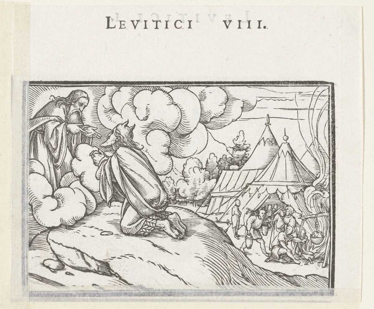 Mozes ontvangt voorschriften voor de priesterwijding by Hans Holbein, print, 1538