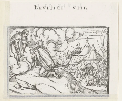 Mozes ontvangt voorschriften voor de priesterwijding by Hans Holbein, print, 1538