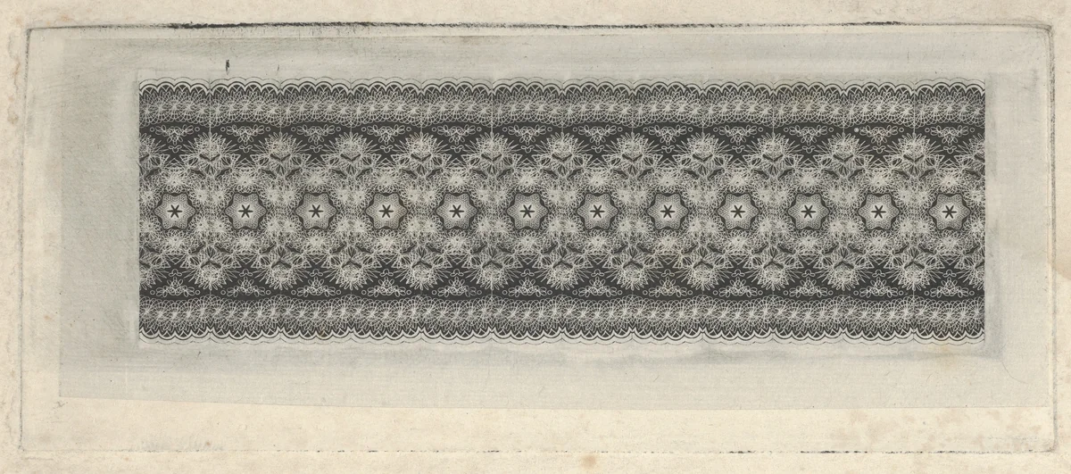 Banknote motif: band of lace-like lathe work ornament by Cyrus Durand, print, 1819-1847