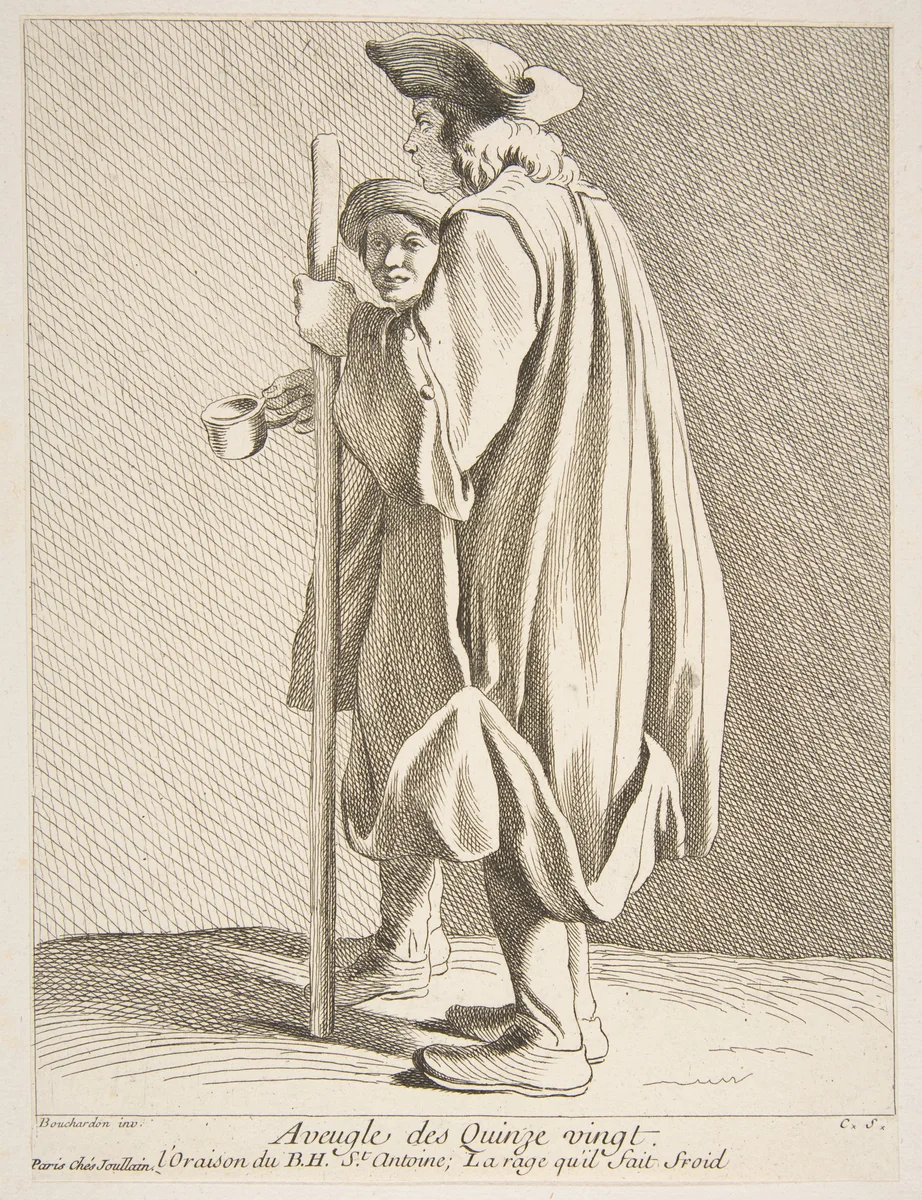 A Blind Man from the Quinze-Vingts Hospital by Anne Claude Philippe de Tubières, print, 1738