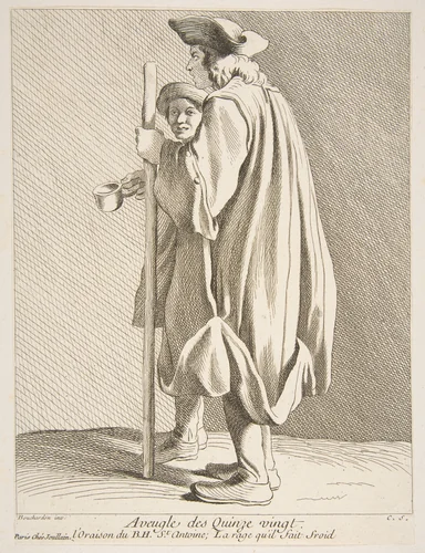 A Blind Man from the Quinze-Vingts Hospital by Anne Claude Philippe de Tubières, print, 1738