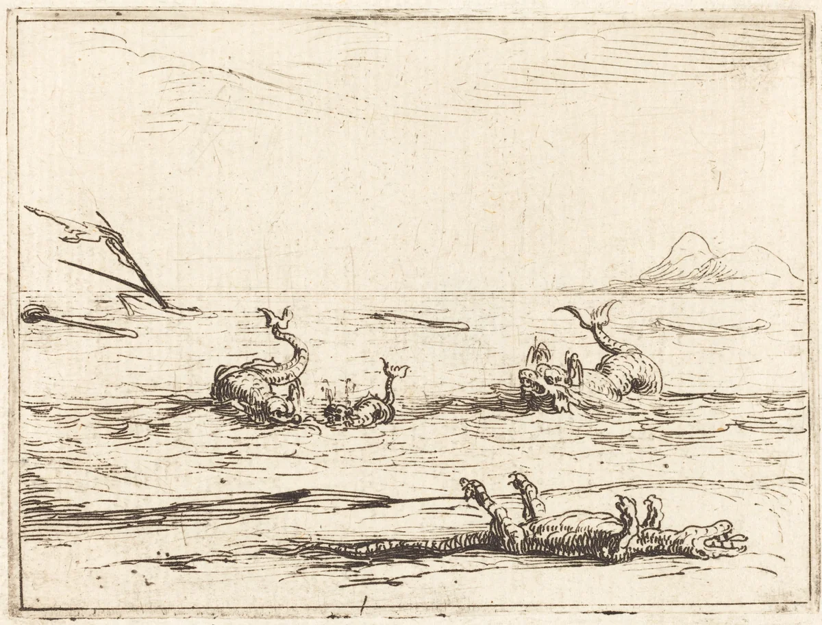 Dolphins and Crocodile by Jacques Callot, print, 1592-1635