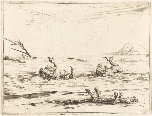 Dolphins and Crocodile by Jacques Callot, print, 1592-1635