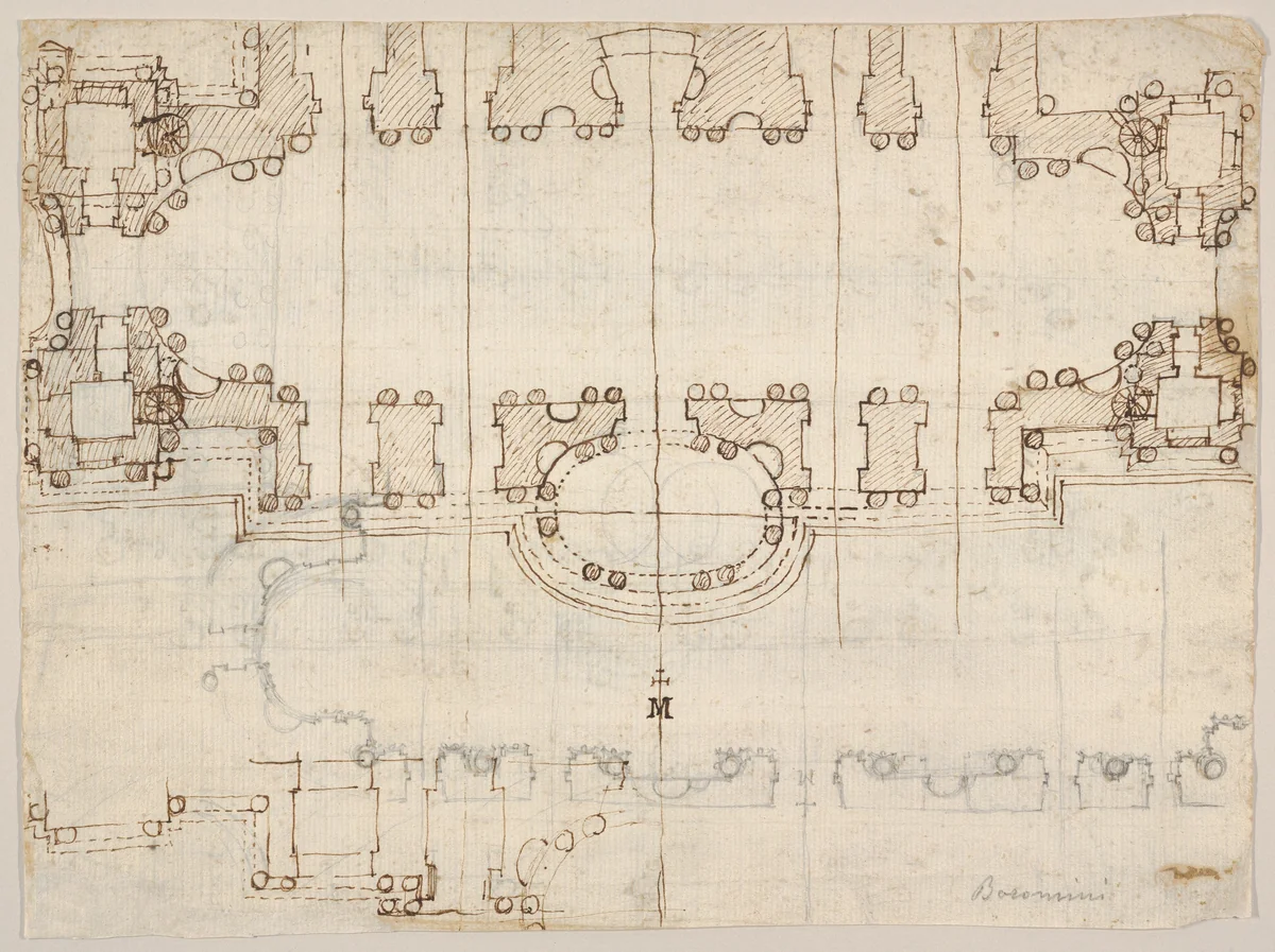 Studies for the Nave and Narthex of San Giovanni in Laterano, Rome (recto and verso) by Francesco Borromini, drawing, 1640-1660