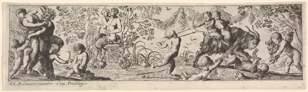 Composition with three figure groups: at left a woman struggles with a male assailant, at center a female satyr and male satryr sit upon a pedestal, at right putti surround two young satyrs riding a goat, from a series of twelve frieze-like designs showing bacchanals, sacrifices, and dances by Pierre Brebiette, print, 1617-1625