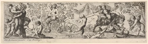 Composition with three figure groups: at left a woman struggles with a male assailant, at center a female satyr and male satryr sit upon a pedestal, at right putti surround two young satyrs riding a goat, from a series of twelve frieze-like designs showing bacchanals, sacrifices, and dances by Pierre Brebiette, print, 1617-1625