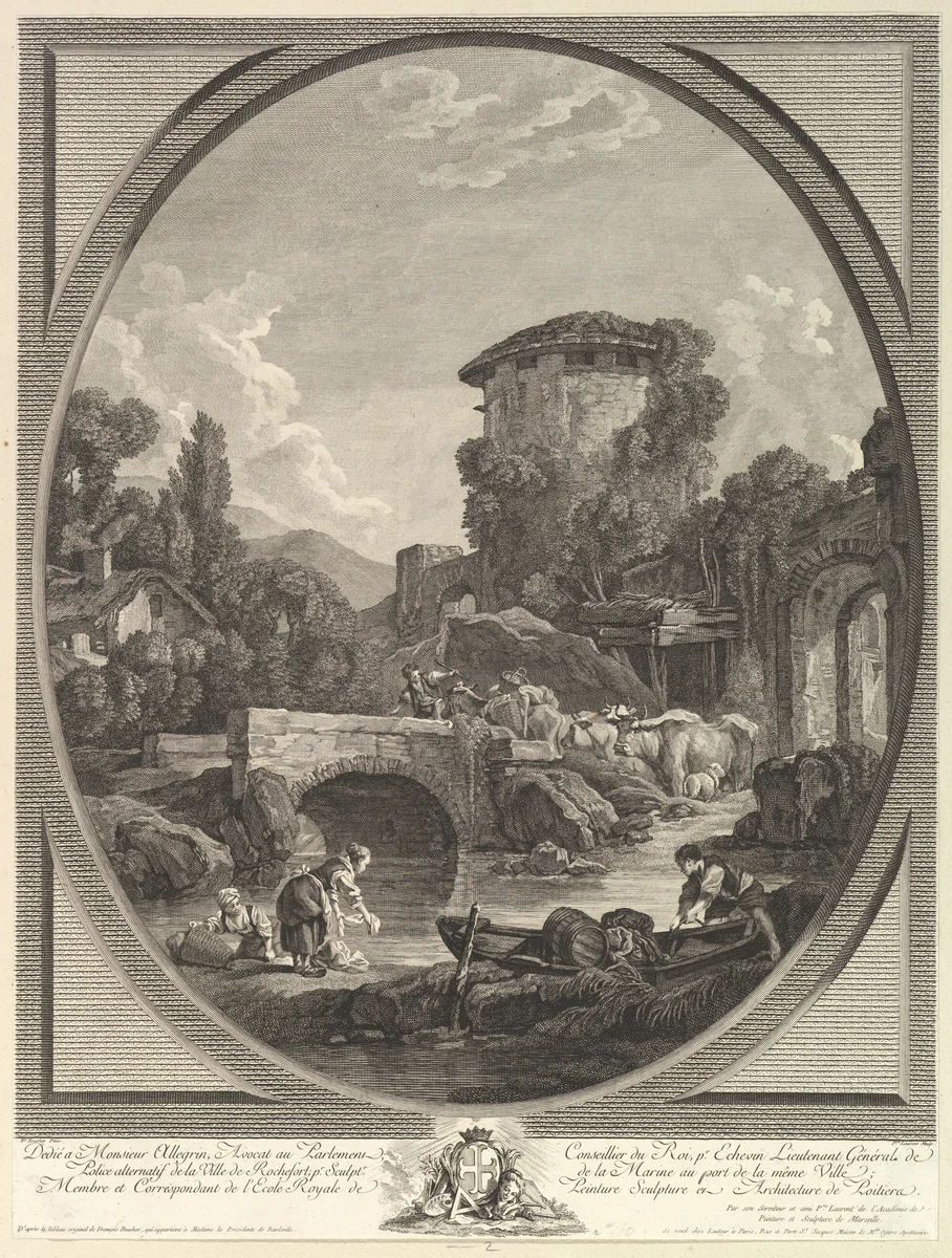 Paysage au Pont et au Pigeonnier (Landscape with a Bridge and a Dovecote) by Pierre François Laurent, print, 1754-1809