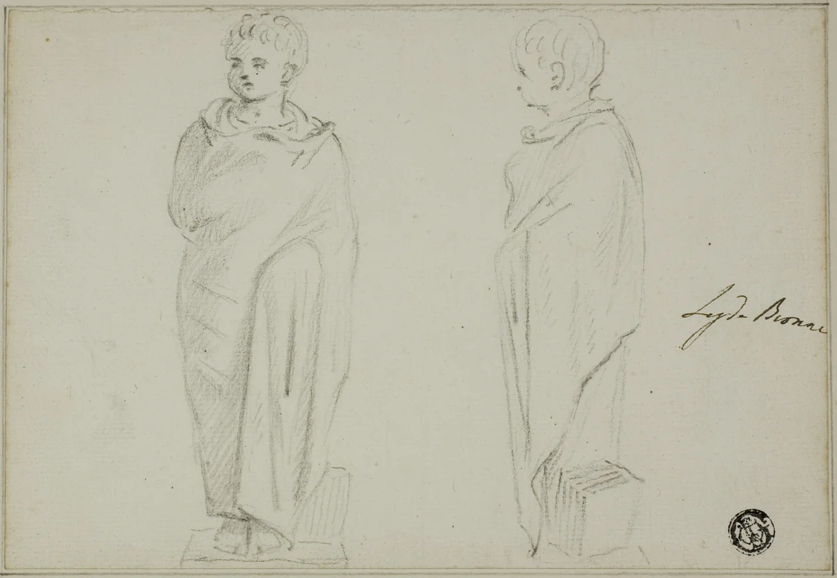 Frontal and Side Views of Statue of Boy Dressed in Toga by Unknown Artist, drawing, 1700-1799