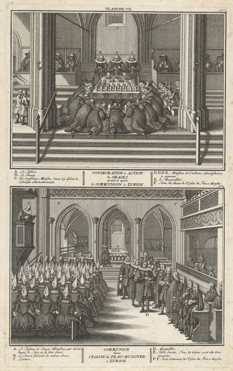 Consecration et Action de Graces avant et après la Communion à Zurich; Communion dans l’Eglise du Fraumunster à Zurich (Consecration and Communion at the Fraumunster, Zurich) by David Herrliberger, print, 1751
