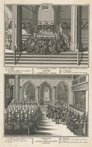 Consecration et Action de Graces avant et après la Communion à Zurich; Communion dans l’Eglise du Fraumunster à Zurich (Consecration and Communion at the Fraumunster, Zurich) by David Herrliberger, print, 1751