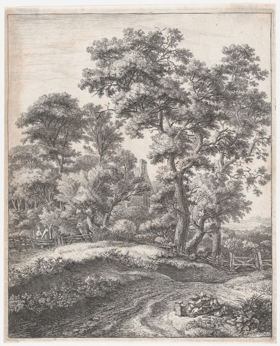 Mother and Children At Rest by Anthonie Waterloo, print, 1620-1690