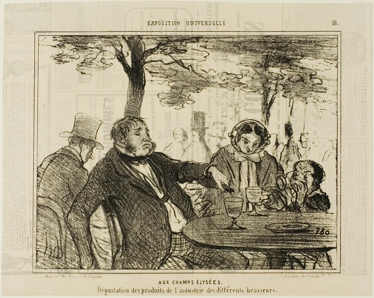 On the Champs-Elysées. Tasting of the industrial products of different brewers, plate 18 from L'exposition Universelle by Honoré-Victorin Daumier, print, 1855