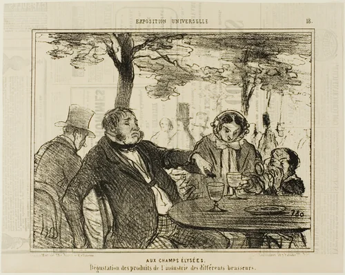 On the Champs-Elysées. Tasting of the industrial products of different brewers, plate 18 from L'exposition Universelle by Honoré-Victorin Daumier, print, 1855