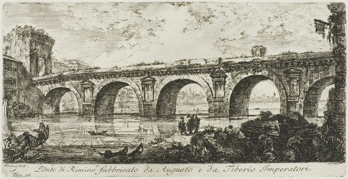 The Bridge at Rimini built by the Emperors Augustus and Tiberius, plate 16 from Some Views of Triumphal Arches and other monuments by Giovanni Battista Piranesi, print, 1748