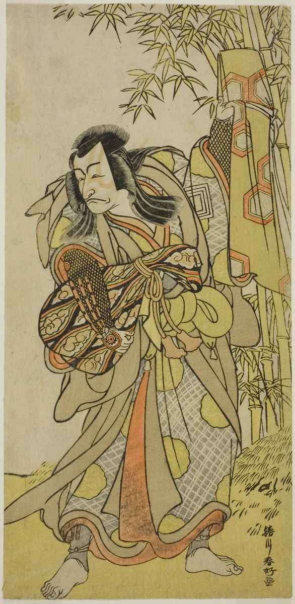 The Actor Ichikawa Danjuro V as Kazusa no Akushichibyoe Kagekiyo Disguised as a Blind Court Musician (Kengyo) in the Play Edo Meisho Midori Soga, Performed at the Morita Theater in the Fourth Month, 1779 by Katsukawa Shunko, print, 1774-1784