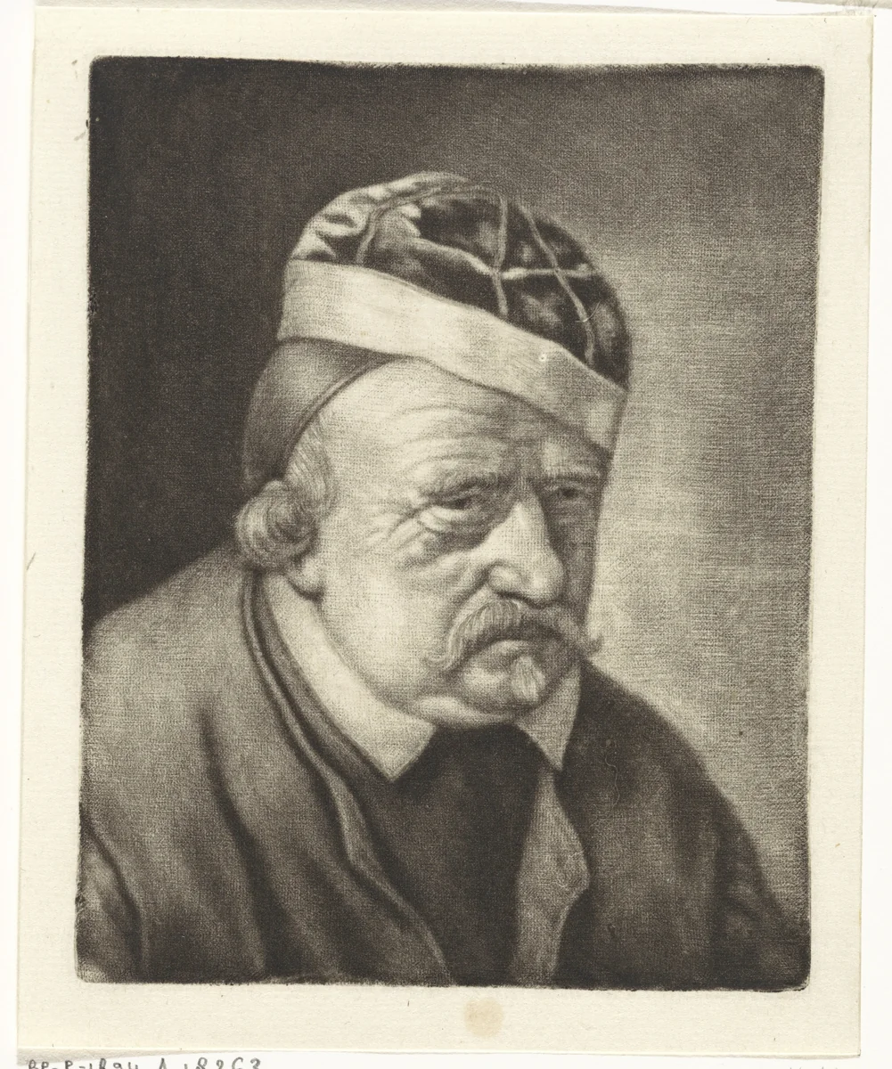 Buste van een man met een muts by Michiel van Musscher, print, 1655-1705