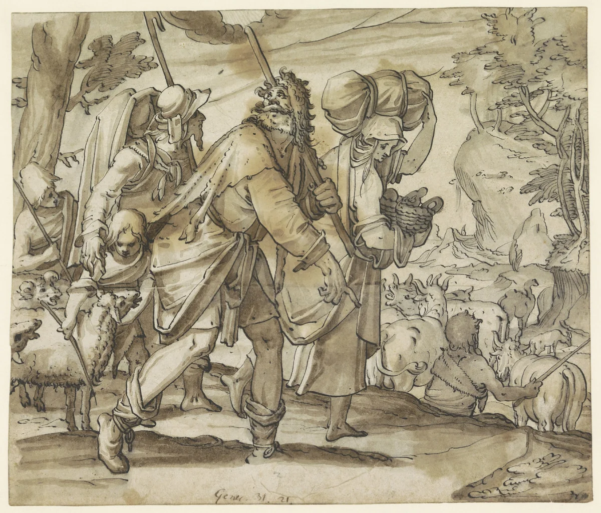 Jacob ontvlucht Laban in het land Kanaan by Unknown, drawing, 1590-1700