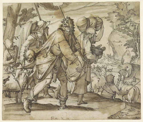 Jacob ontvlucht Laban in het land Kanaan by Unknown, drawing, 1590-1700