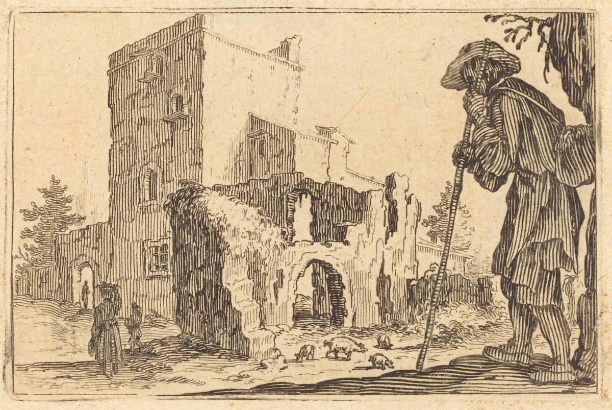 Shepherd and Ruins by Jacques Callot, print, 1622