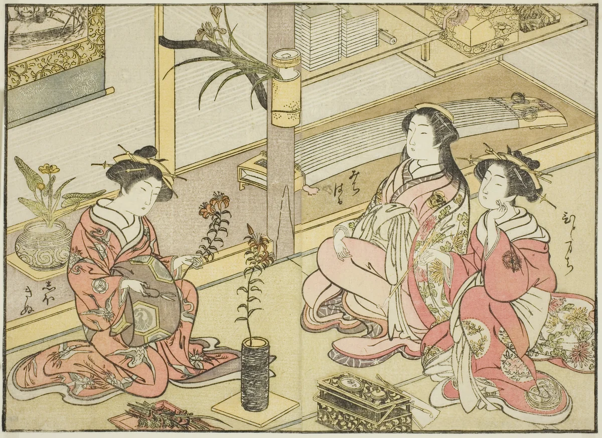 Courtesans of the Kadotsutaya, from the book "Mirror of Beautiful Women of the Pleasure Quarters (Seiro bijin awase sugata kagami)," vol. 1 by Katsukawa Shunsho (勝川 春章), print, 1776
