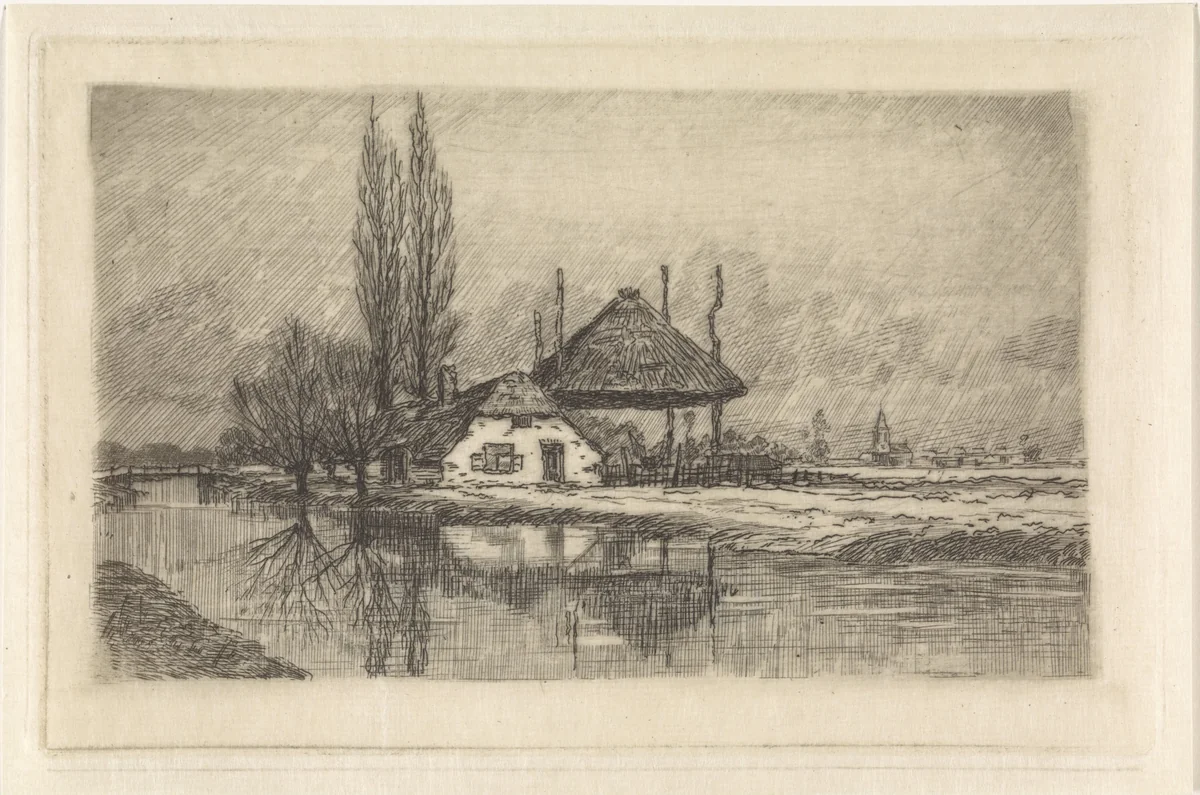 Landschap met boerderij en hooiberg by Elias Stark, print, 1859-1890