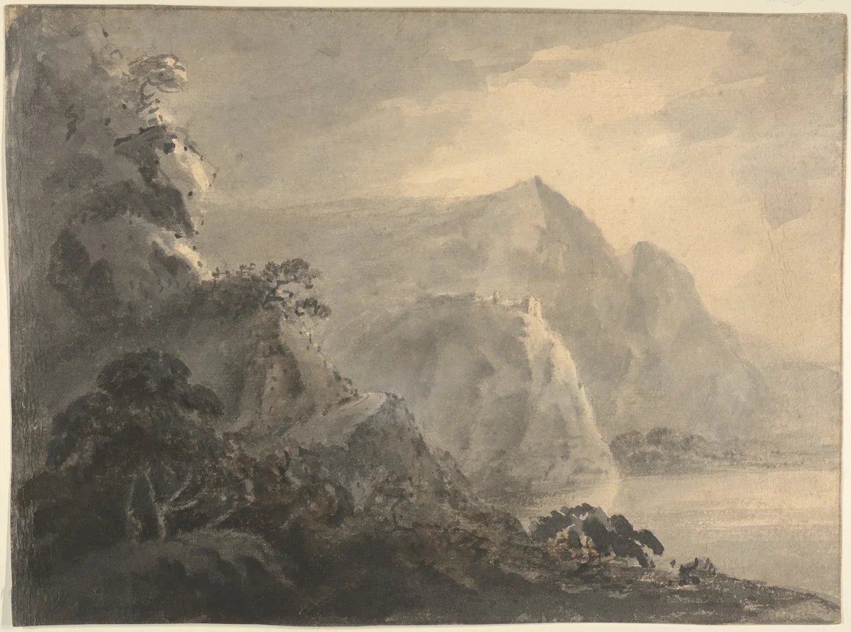 Landscape with hills and a lake by William Gilpin, drawing, 1767-1777