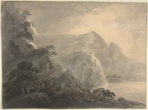 Landscape with hills and a lake by William Gilpin, drawing, 1767-1777