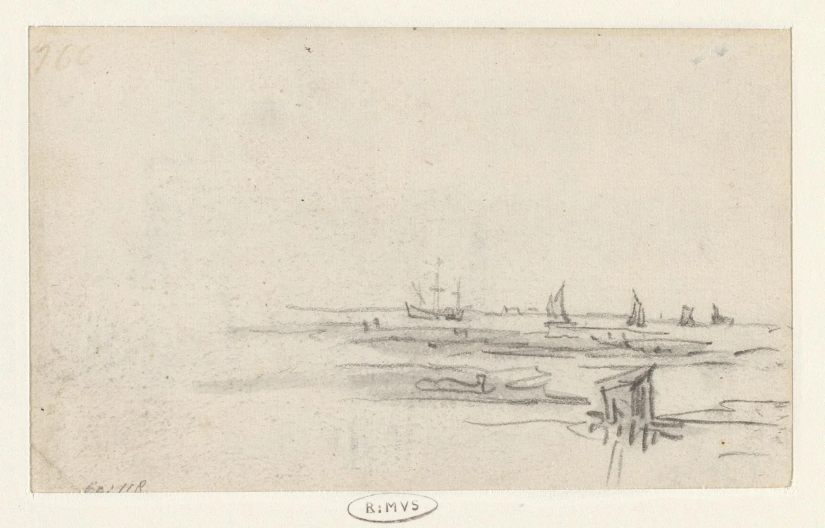 Gezicht op het IJ met een driemaster en zeilschepen by Jan van Goyen, drawing, 1650-1651