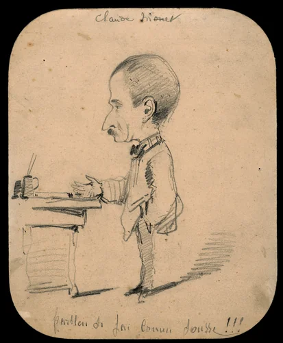 Caricature of a Man Standing by Desk (recto); Sketch of Male Head in Profile (verso) by Claude Monet, drawing, 1855-1856