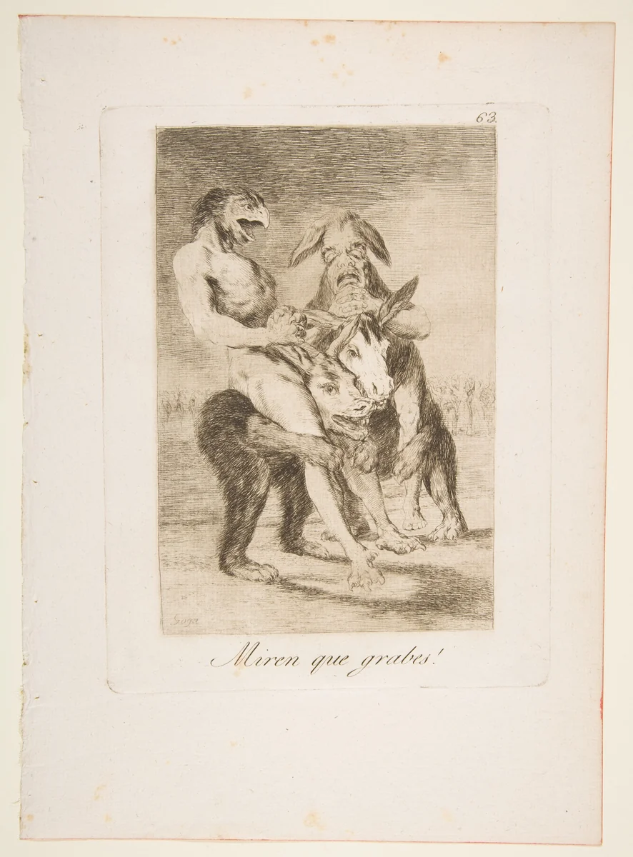 Plate 63 from "Los Caprichos": Look how solemn they are! (Miren que grabes!) by Goya, print, 1799