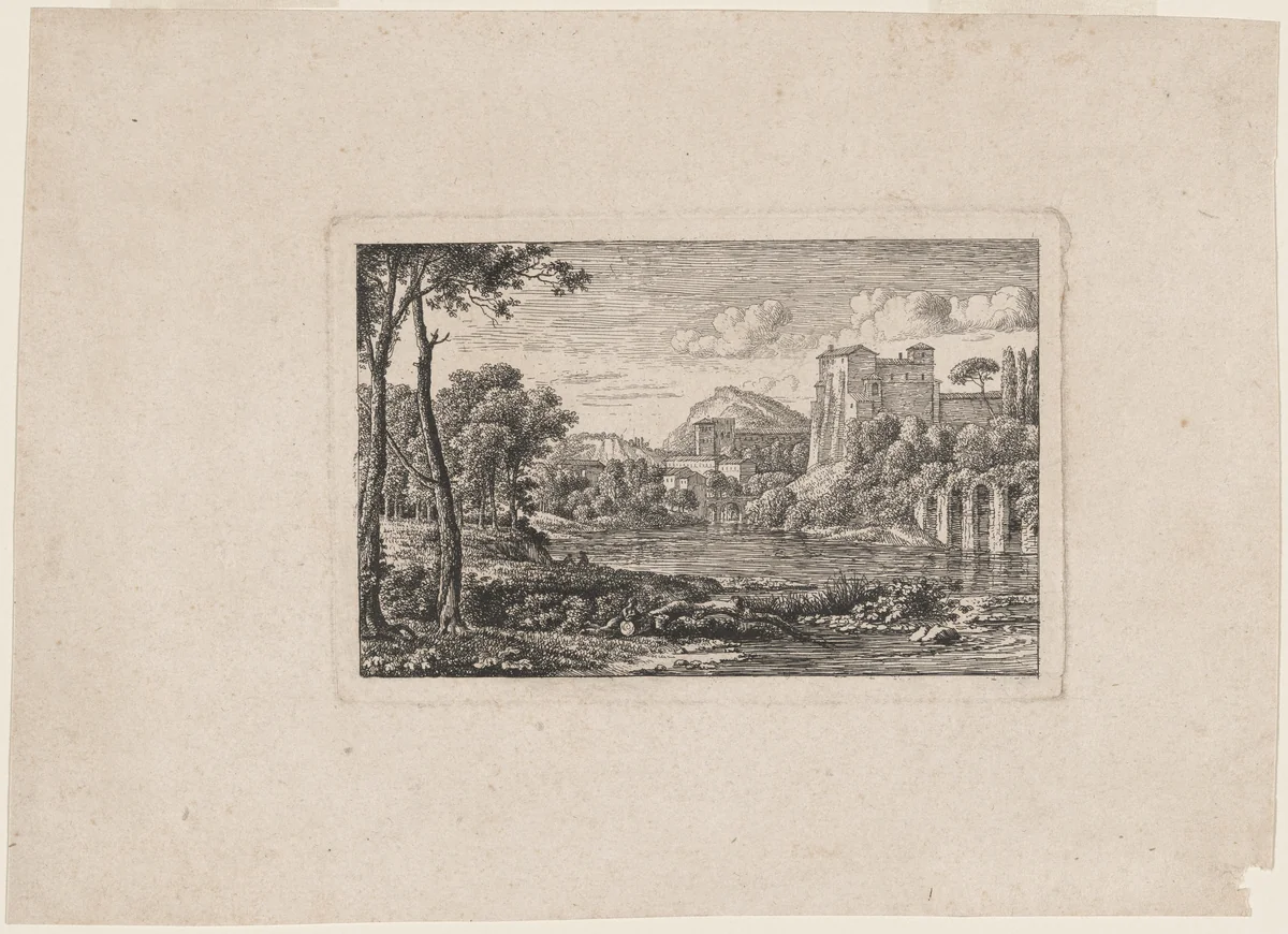River Landscape in the Roman Campagna by Johann Christian Reinhart, print, 1790-1799