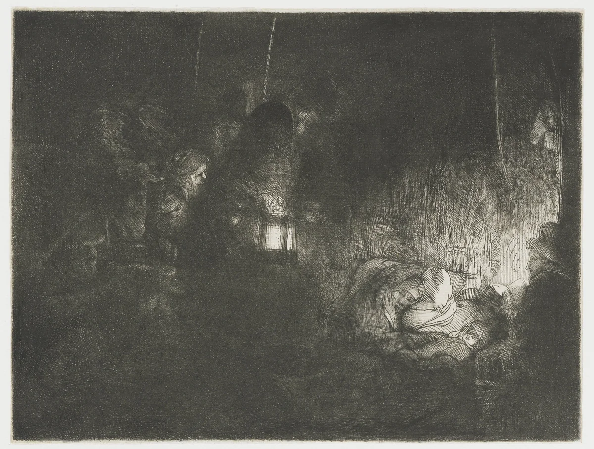 The Adoration of the Shepherds: Nocturne by Rembrandt van Rijn, print, 1657