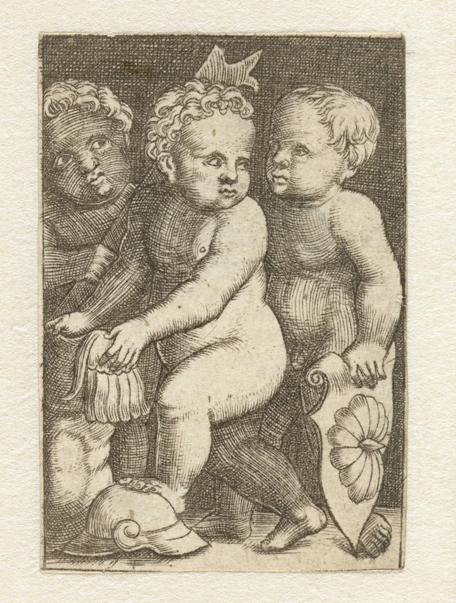 Drie putti met wapenrusting by anonymous, print, 1525-1580