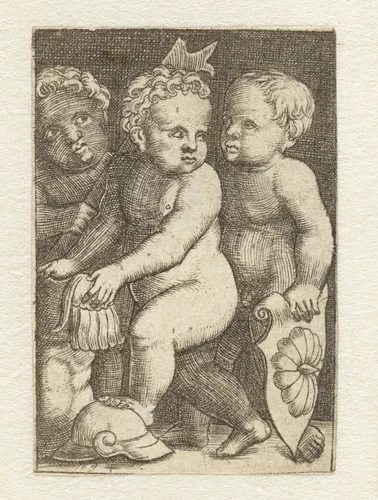 Drie putti met wapenrusting by anonymous, print, 1525-1580