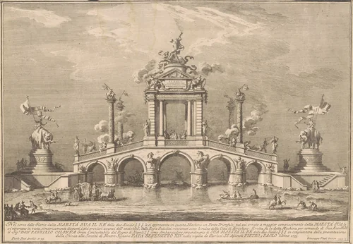 The Prima Macchina for the Chinea of 1755: A Triumphal Bridge with Antiquities from Herculaneum by Giuseppe Vasi, print, 1755