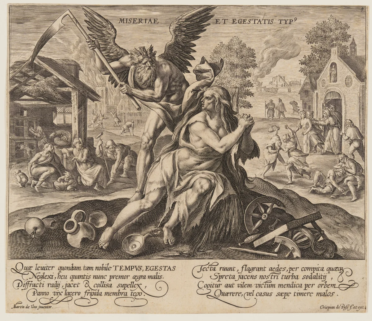 Miseriae est Egestatis Typus, from Time with Virtues and Vices by Crispijn van de Passe I, print, 1600